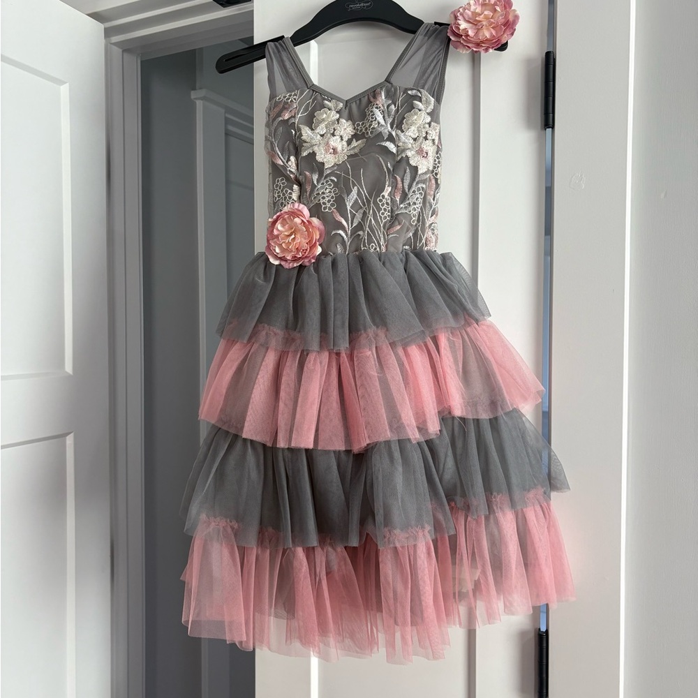Source Unknown Pink and Gray Layered Kids Dress